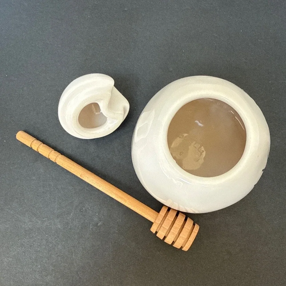 Rae Dunn Honey Pot Ceramic Jar with Lid and Wooden Dipper Bee Finial White
